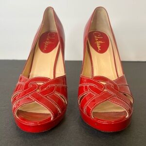 Cole Haan Red Patent Peep Toe Heels, 6.5